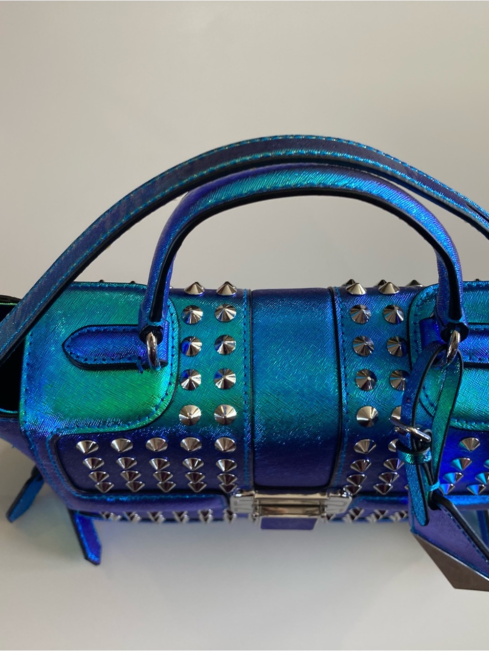 Rebecca Minkoff Iridescent Blue-Green Studded Satchel - Picture 8 of 15
